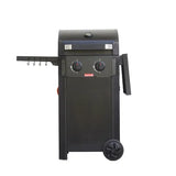 Zwart gasbarbecue met zijplank en ophanghaken links