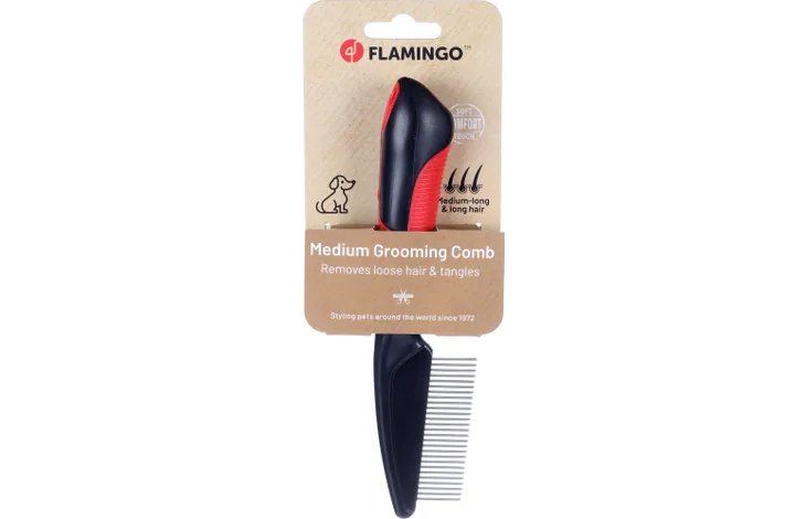 Flamingo hondenverzorgingskam met rode greep en zwarte kamtanden, medium grooming