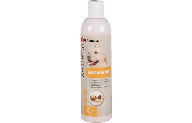 Shampoo fles Flamingo Macadamia, witte dop en voorzijde-etiket