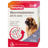 Beaphar wormtabletten voor honden, doos met hond en tekst 'Wormtabletten all-in-one'
