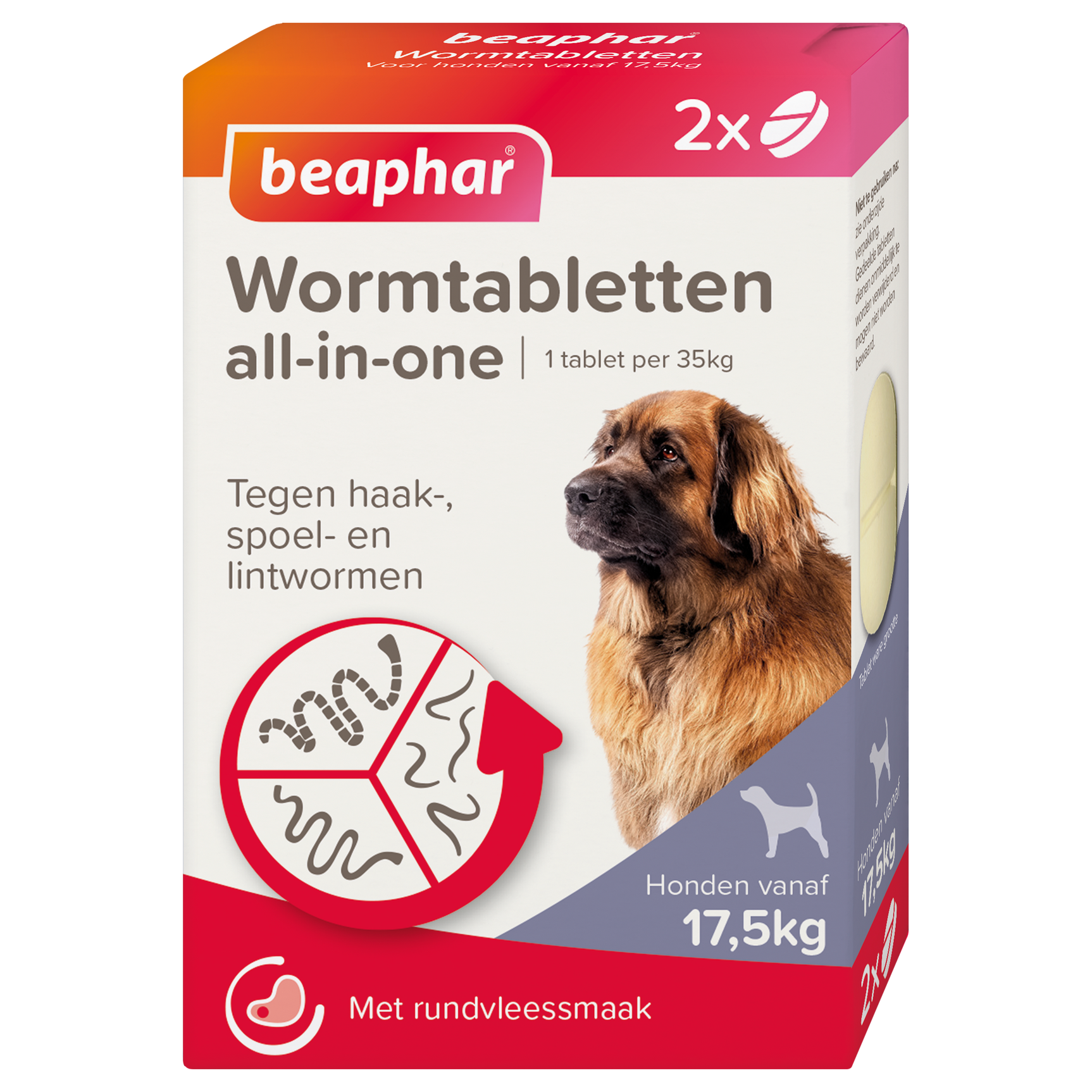 Beaphar wormtabletten voor honden, doos met hond en tekst 'Wormtabletten all-in-one'