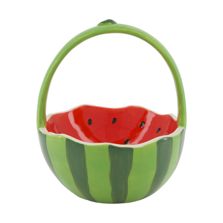 Keramieken mand met handvat, groen met rode watermeloenmotief binnenin.