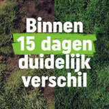 Gazonmestzak Pokon met tekst 'Binnen 15 dagen...' op gazonprint