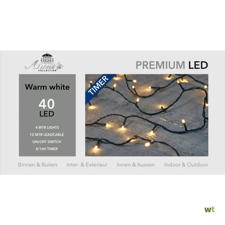 Warmwit LED-lichtsnoer met timer en 40 lampjes, zwarte kabel