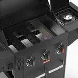 Zwarte gasbarbecue met open grillgedeelte, warmteverdelers en bedieningsknoppen