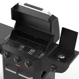 Zwarte gasbarbecue met open deksel, grillrooster en zijbrander met deksel