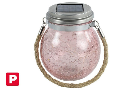 Roze glazen zonne-LED lamp met metalen kap en touwlus