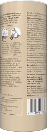 Pokon mierenkorrels rolverpakking met samenstelling en contactinformatie