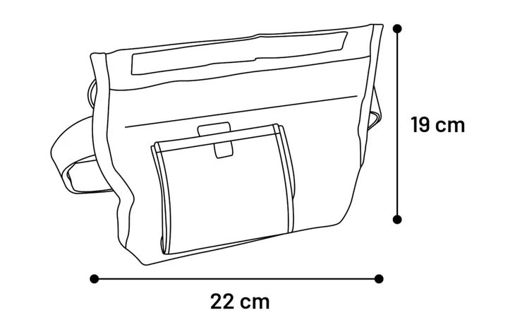 Voedertas 19 x 22 cm met heupgordel, schematische afmetingen