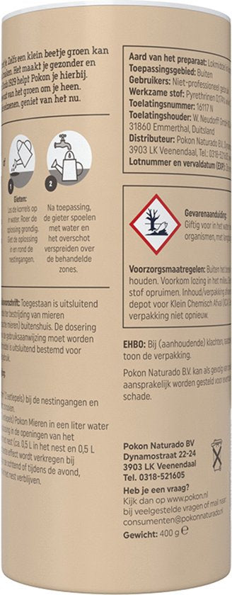 Pokon mierenkorrels rolverpakking met waarschuwingen en gebruiksaanwijzing