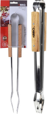 Set barbecuetangen met RVS klemkop en houten handgrepen, ca. 40 cm