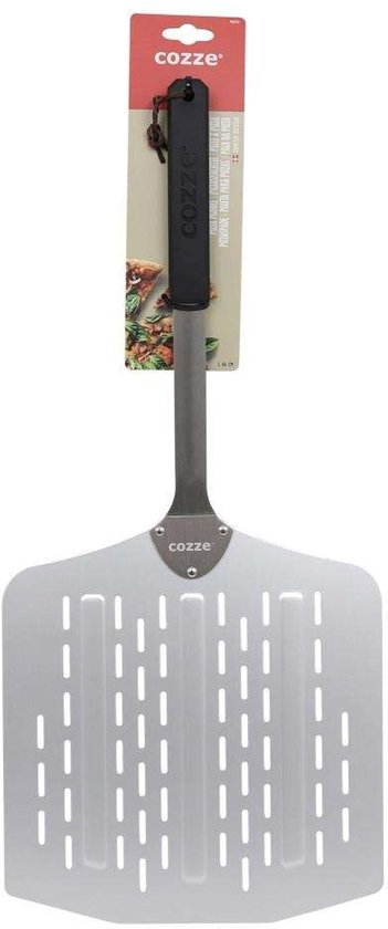 RVS pizzaschep met lange steel en gaatjes, logo op handvat