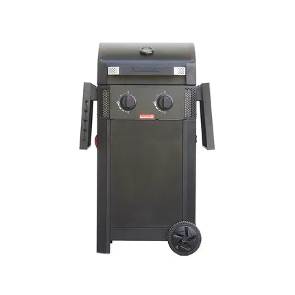 Zwart gasbarbecue met zijplanken en ronde wiel aan onderstel