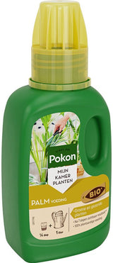 Palmvoeding fles groen met gele dop en Pokon-logo op voorzijde