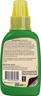 Achterzijde van groene fles cactus- en vetplantvoeding met 250 ml en samenstelling