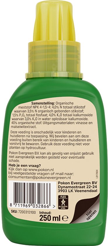 Achterzijde palmvoeding fles, groen, met productinfo en inhoud 250 ml
