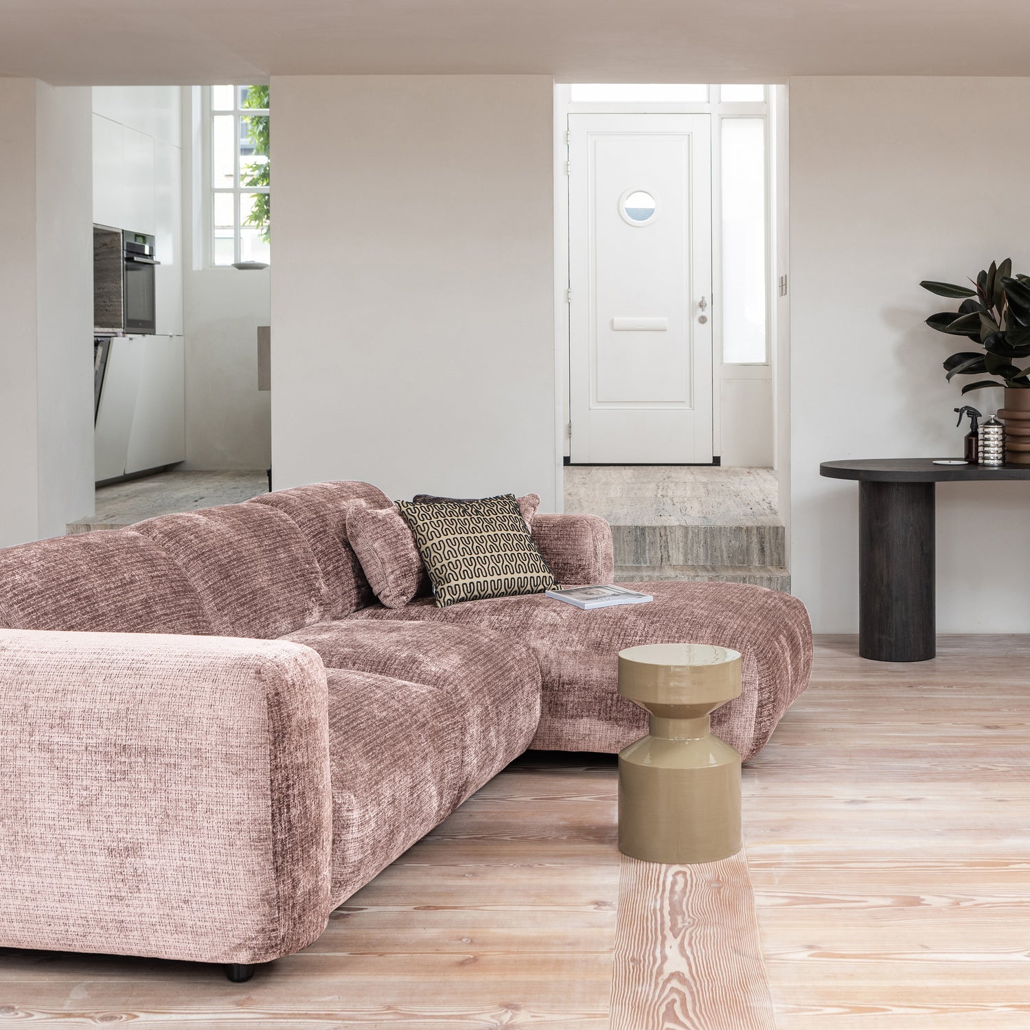 CLOUD CHAISE LONGUE BANK RECHTS CHENILLE TAUPE/ROZE