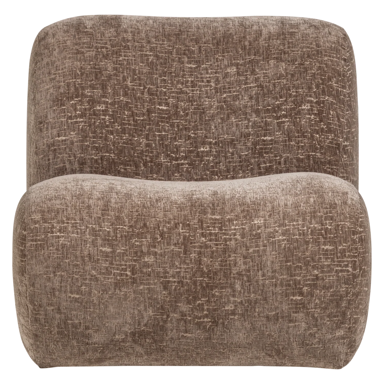 Fauteuil met craquelé velvet in lichtbruin, frontaanzicht met afgeronde armleuningen.
