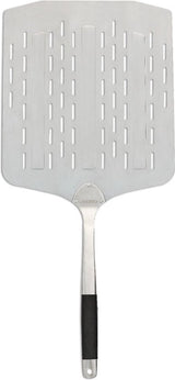 Perforatie pizzaschep met zilverkleurig blad en zwarte steel