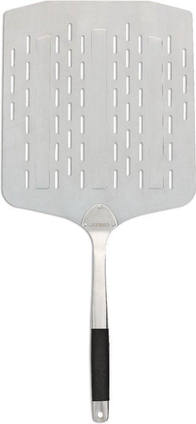 Perforatie pizzaschep met zilverkleurig blad en zwarte steel