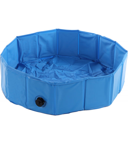 Blauw opblaasbaar hondenzwembad met lage rand en ronde opening, achthoekige vorm
