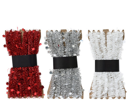 PVC lametta slinger, 3 kleuren: rood, grijs en wit, met zwarte band