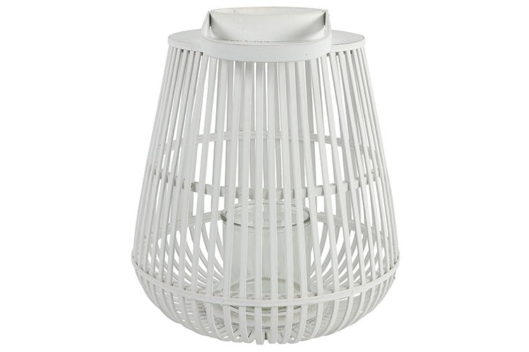 Wit cilindrisch windlicht met verticale spijlen en open bovenkant