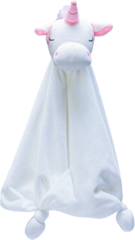Knuffeldoek met eenhoornkop, witte stof, roze hoorn en oren