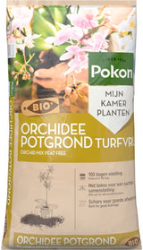 Pokon orchidee potgrond turfvrij bio, zak met bloemenprint en producttekst