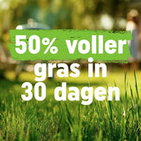 Groene tuinkaart met tekst: 50% voller gras in 30 dagen
