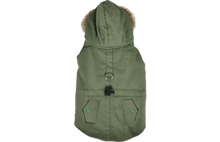 Groene winterjas met capuchon, twee zakken en trekkoord voor flamingo