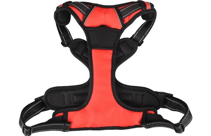 Hondenharnas met rood borststuk, zwarte randen en kussens voor comfortabel zitten