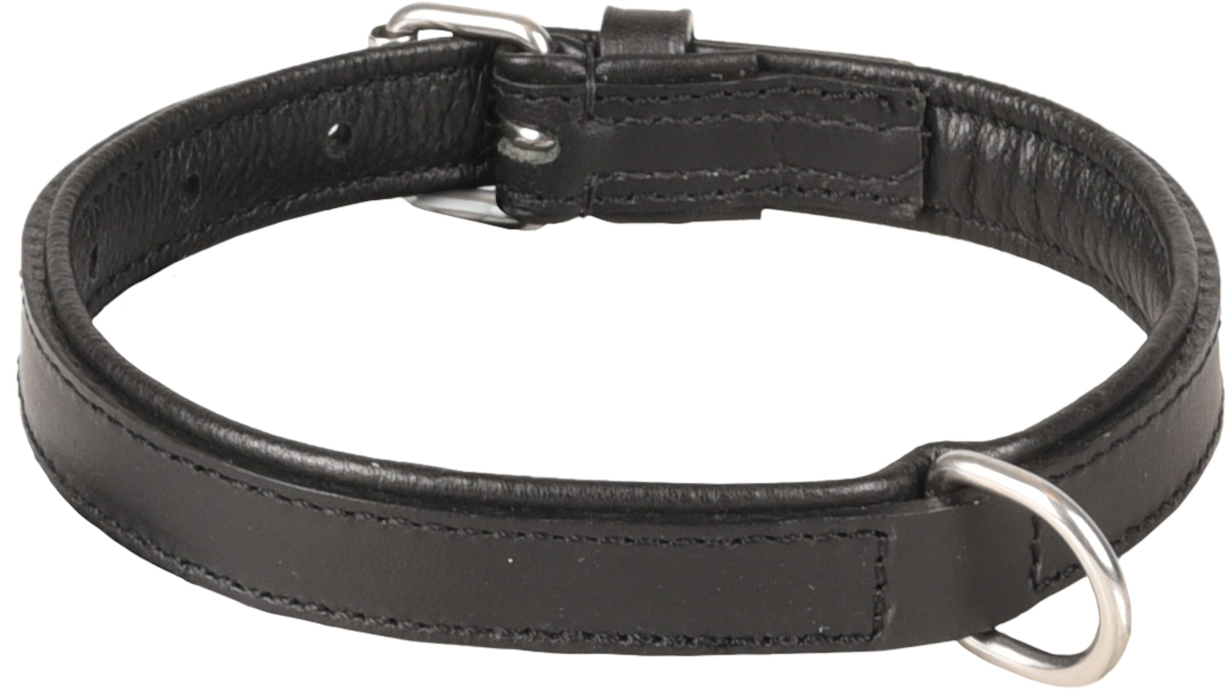 Zwart gevoerde halsband met verstelbare bandlus en brede D-ring.