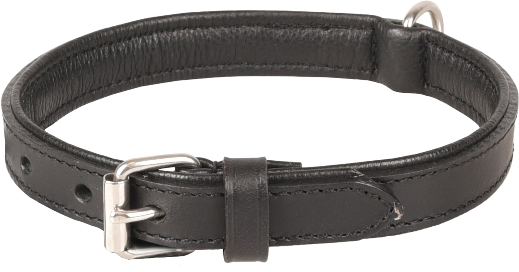 Gevulde halsband van zwart leer met brede band en metalen gesp.