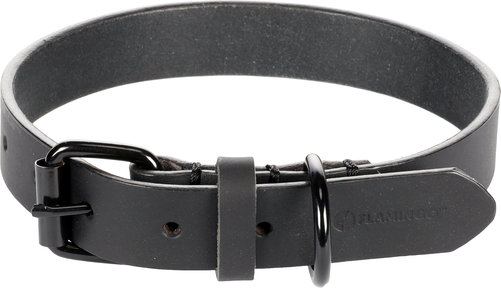 Zwarte Flamingo halsband Leano van leer met metalen gesp en D-ring, verstelbaar