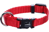 Rode stoffen halsband met zwart gesp en D-ring, Flamingo-logo op de sluiting.