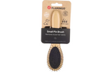 Flamingo Small Pin Brush verpakking met ovale zwarte pinborstel en houten handgreep