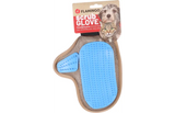 Massage- en verzorgingshandschoen met blauwe siliconen noppen en bruine mesh