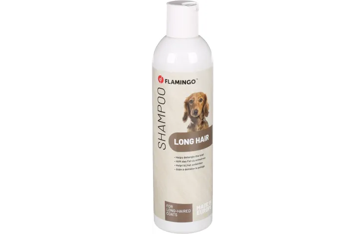Flamingo shampoo fles voor langharige honden, beige etiket, 300 ml.