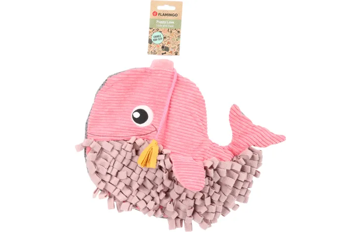 Roze snuffelmat met oog en rimpelrand van stofblokjes, in visvorm