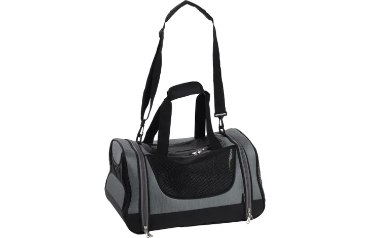 Grijze en zwarte draagtas met ritssluiting, handvat en verstelbare band