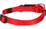 Rode nylon halsband met zwarte klikgesp en bevestigingsringen