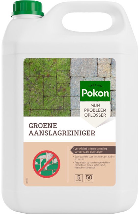 Pokon groene aanslagreiniger 5 liter: witte kanister met groene dop en voorlabel