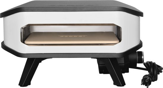 Elektrische pizzaoven met open deksel en verwarmingruimte, zwart-wit