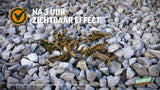 Onkruidbestrijder-werking op grind met controle-icoon 'na 3 uur zichtbaar effect' en RoundUp logo