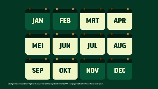 Toedieningskalender voor onkruidbestrijder met maanden JAN t/m DEC en RoundUp logo