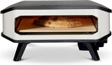 Elektrische pizzaoven met pizzablad binnenin, wit ombouw en zwart onderstel.