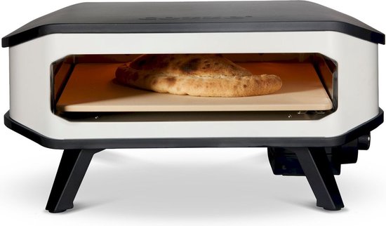 Elektrische pizzaoven met pizzablad binnenin, wit ombouw en zwart onderstel.