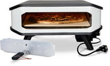 Elektrische pizzaoven met open deur, wit en zwart en pizzaschep.