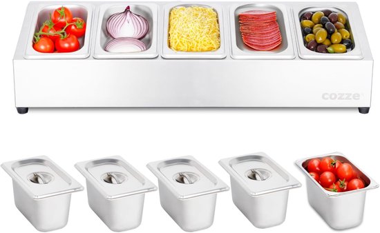 Toppingstation met 5 gevulde bakjes en 5 deksels, met rode en gele toppings